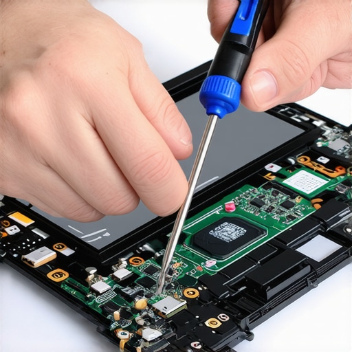 Person cleaning laptop with compressed air and screwdriver