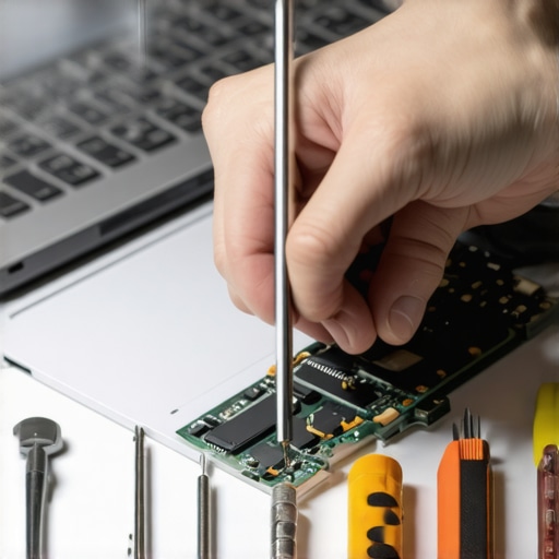 Close-up of technician repairing a laptop with screwdriver set.