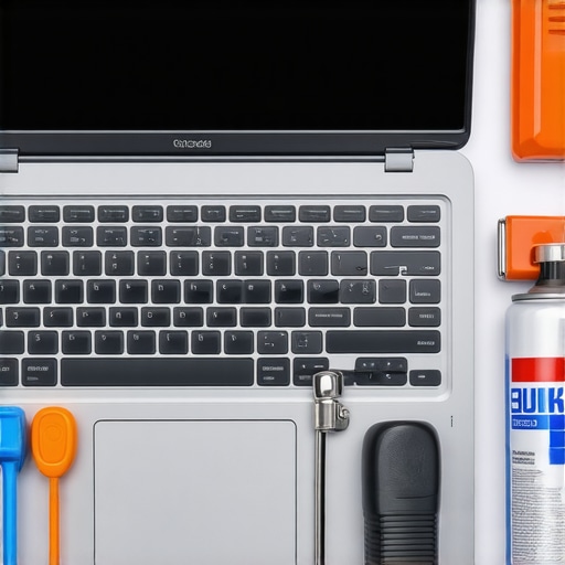 Tools for maintaining and repairing a laptop, including screwdrivers and cleaning supplies.