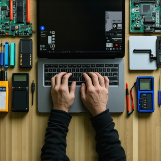 Technician inspecting laptop hardware with diagnostic tools.