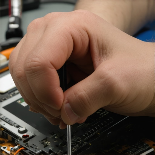 Technician repairing a laptop using a screwdriver, emphasizing maintenance tools and hardware access.