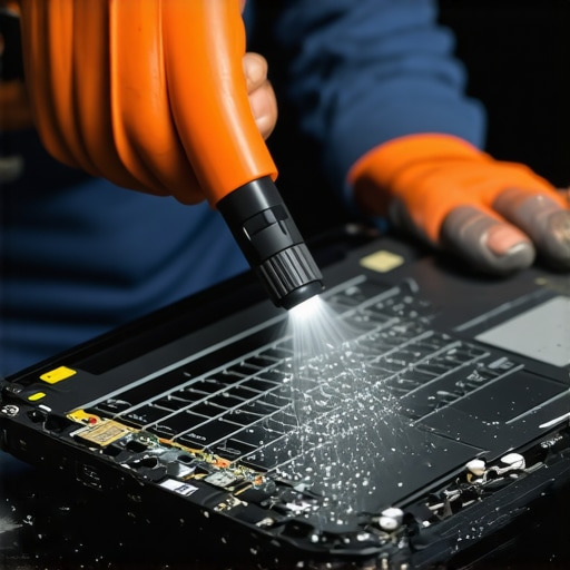 Laptop Maintenance in Progress Technician using compressed air to clean a laptop's vents and fans.