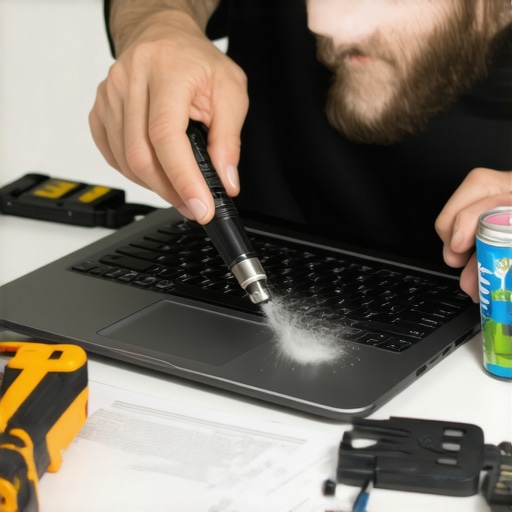 Person using compressed air to clean laptop cooling vents.
