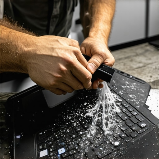 Technician cleaning a laptop using compressed air to remove dust from internal components.