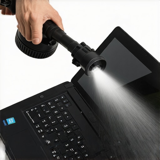 Person cleaning a laptop's vents with compressed air, symbolizing routine maintenance