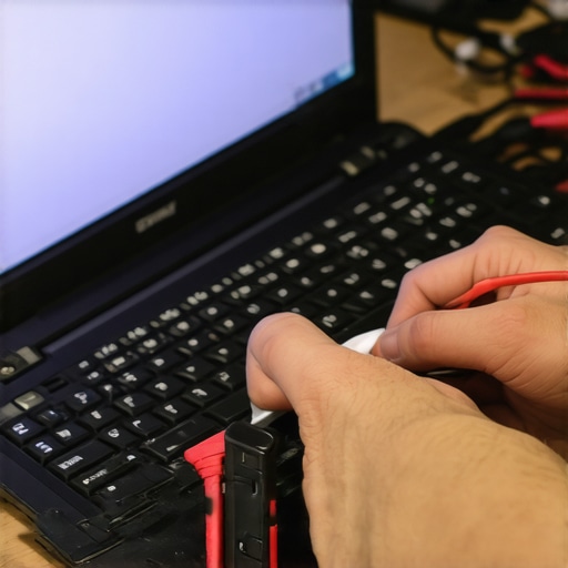 A person testing a laptop's power supply with a USB multimeter during maintenance.