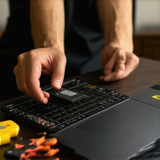 Person installing a solid-state drive into a laptop during an upgrade process
