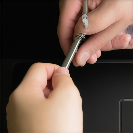 Person using small tools to fix a laptop touchpad, highlighting repair process.