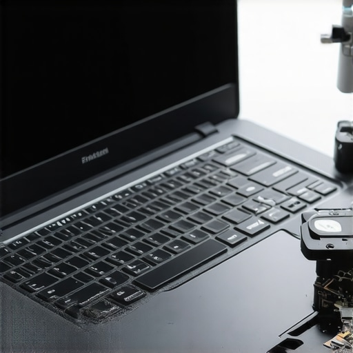Laptop maintenance: Cleaning internal components with compressed air Technician cleaning a laptop's internal components using compressed air to prevent overheating.