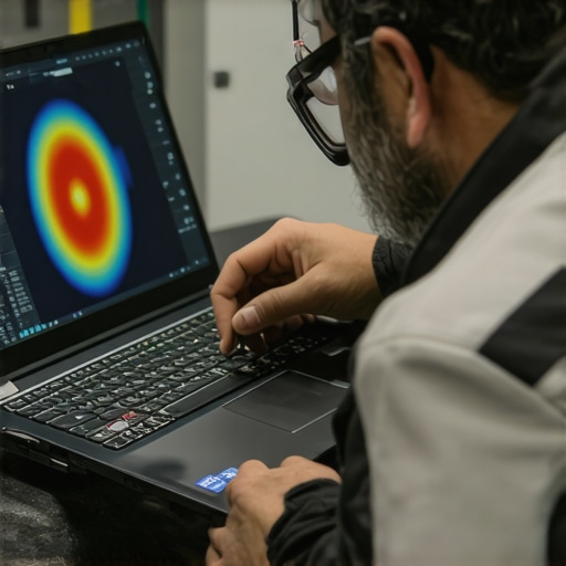 Laptop maintenance and diagnostics tool setup Technician using thermal camera and diagnostic software on a laptop for maintenance and performance assessment.