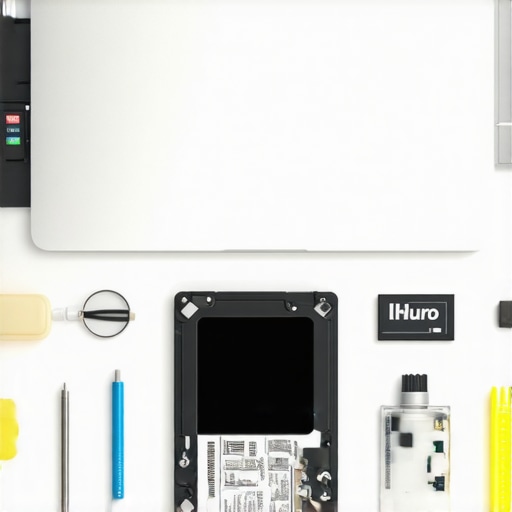 Tools for maintaining and upgrading a laptop arranged on a desk, including screwdrivers, compressed air can, and thermal paste