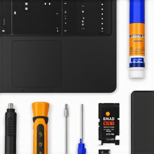 An organized toolkit featuring screwdriver, compressed air can, thermal paste, and external SSD for laptop upkeep.