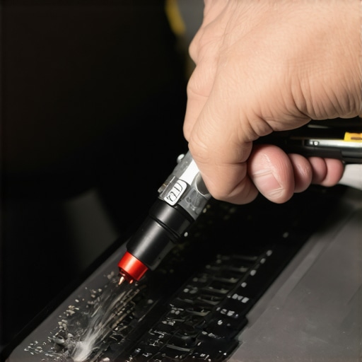 Person cleaning laptop with compressed air, fan inside visible.