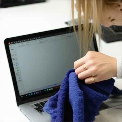 Laptop screen cleaning routine Person using microfiber cloth to clean a laptop screen in a modern office setting.