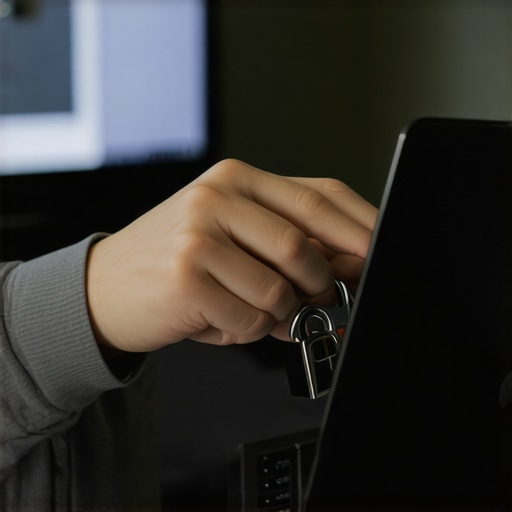 Student securing laptop with a lock in a shared dorm room.
