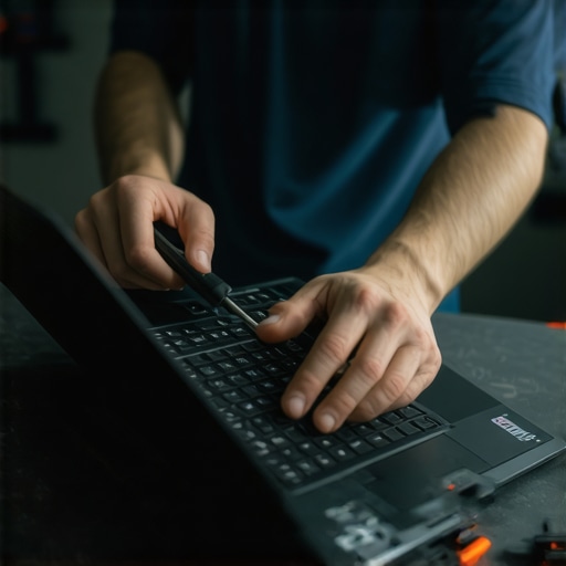 Technician cleaning a gaming laptop with precision tools and compressed air.