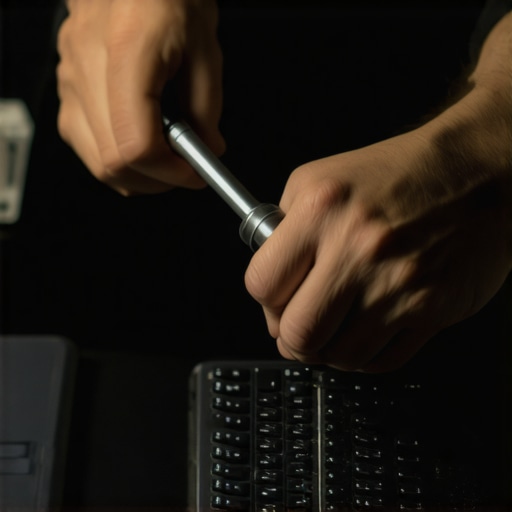 Person performing maintenance on a laptop, cleaning vents and inspecting screws.