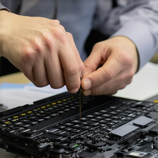 Technician replacing a swollen laptop battery carefully in an office environment.