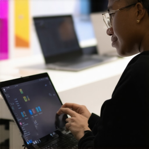Person evaluating multiple laptops with detailed specs for informed decision-making