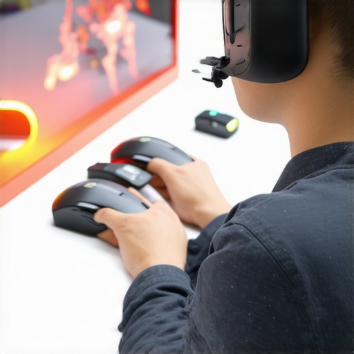Person holding and comparing different compact gaming mice in a store environment