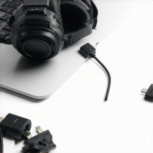 High-quality wired headphones connected to a laptop showing a professional editing workspace.