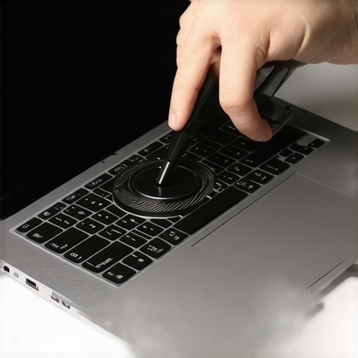 Person using compressed air to clean a laptop's internal fan