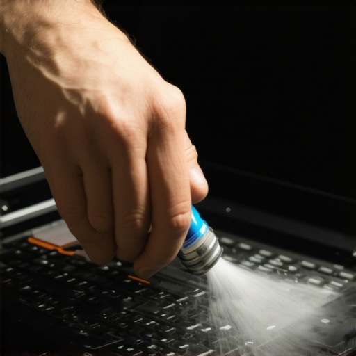 Cleaning Laptop Fans and Vents A technician blowing dust out of a laptop's internal cooling fans with compressed air.