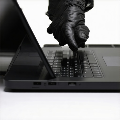 Person using compressed air to clean dust from a laptop's vents in a home office.