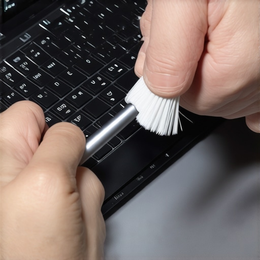 Person using compressed air and brush to clean dust from laptop vents