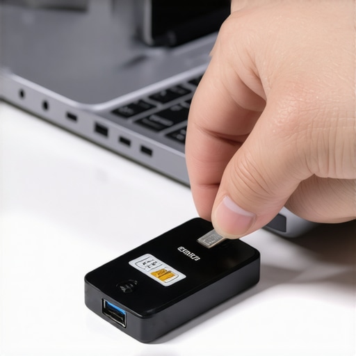 Person connecting a smart card reader to a laptop with a focused workspace background.