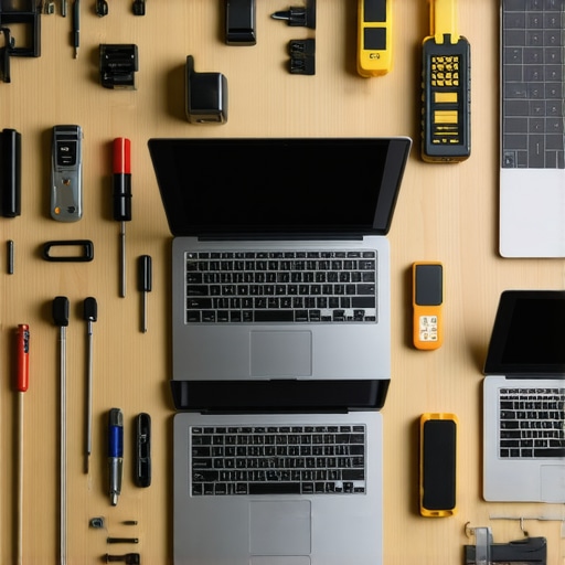 Efficient Maintenance Setup A clean desk with screwdrivers, compressed air, and monitoring software for laptop maintenance.