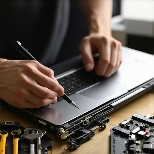 Inspecting a Used Laptop's Hardware A person carefully examining a laptop's internal components during a hardware check.