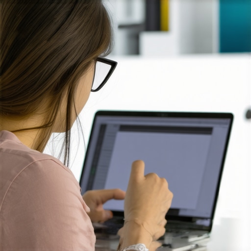 Person attaching a privacy filter to their laptop screen in an office setting