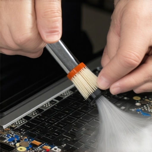 Person cleaning inside an open laptop with compressed air and a small brush, focusing on fans and heatsinks.
