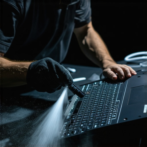 Technician using compressed air to clean a gaming laptop's internals for optimal performance.