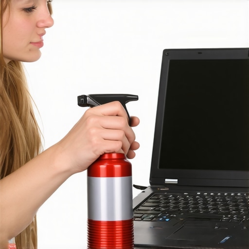 Laptop Maintenance: Cleaning Vents for Better Cooling Person using compressed air to clean a laptop's vents to improve cooling and performance.