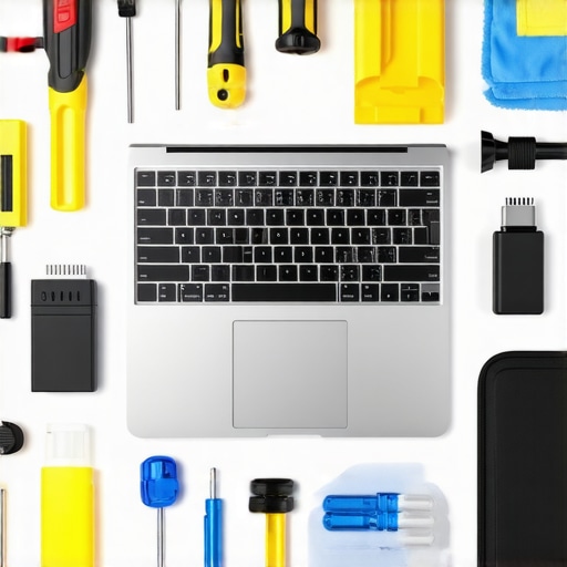 Laptop Maintenance Essentials for Long-Term Reliability Tools and accessories used for maintaining a business laptop on a desk.