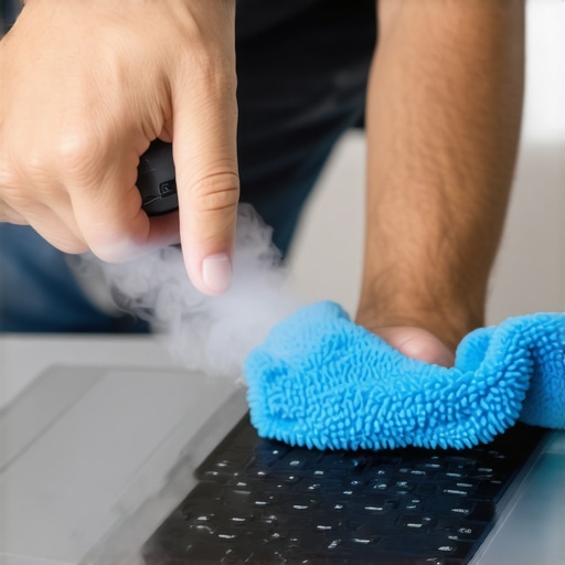 Laptop Maintenance Scene Person cleaning laptop vents with compressed air and microfiber cloth