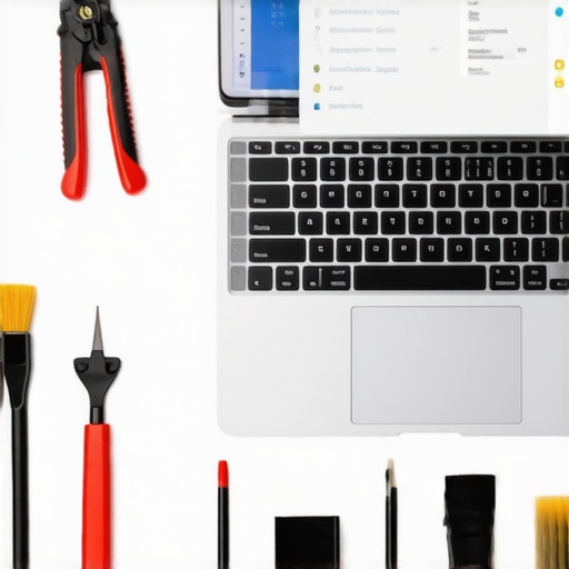 Laptop Maintenance Setup with Tools and Software A workspace featuring laptop repair tools, cleaning supplies, and a monitor displaying diagnostics software