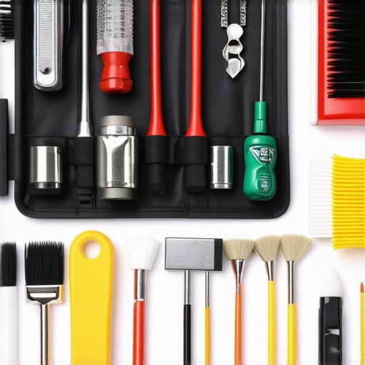 Tools for maintaining and repairing laptops including screwdrivers, thermal paste, compressed air, and cleaning brushes