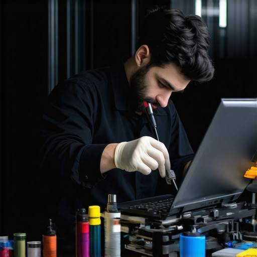 Laptop Maintenance Tools and Setup Close-up of technician cleaning and maintaining a gaming laptop with specialized tools and compressed air