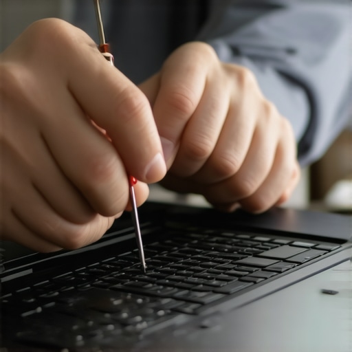 Laptop Maintenance Tools in Action A person using a screwdriver to carefully open a laptop for maintenance