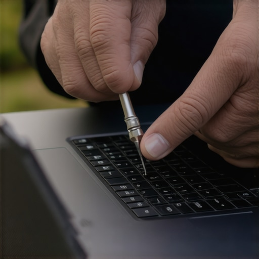 Technician cleaning laptop components with screwdriver and compressed air
