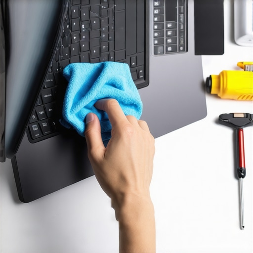 Laptop Maintenance Tools in Use Person cleaning a laptop with a microfiber cloth and tools like compressed air for maintenance.