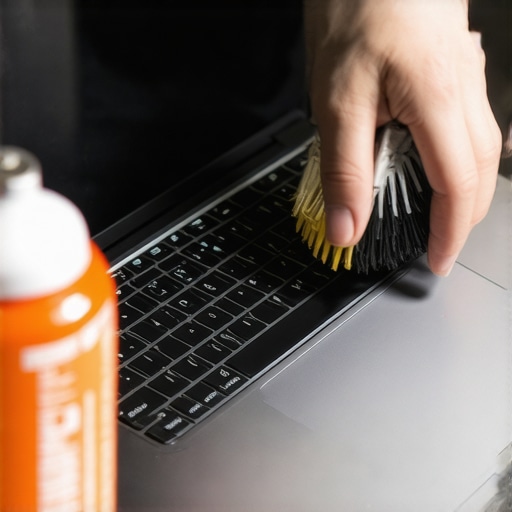 Laptop Maintenance Tools in Use A person cleaning a laptop with compressed air and an anti-static brush for optimal performance