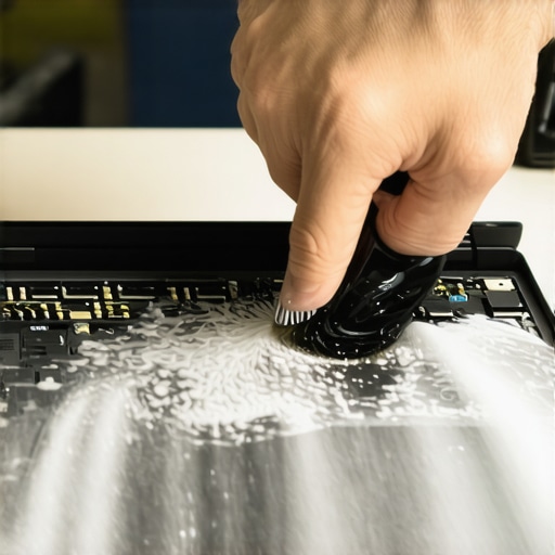 Laptop Maintenance and Cleaning Tech cleaning dust from a laptop's internal cooling fan with compressed air.