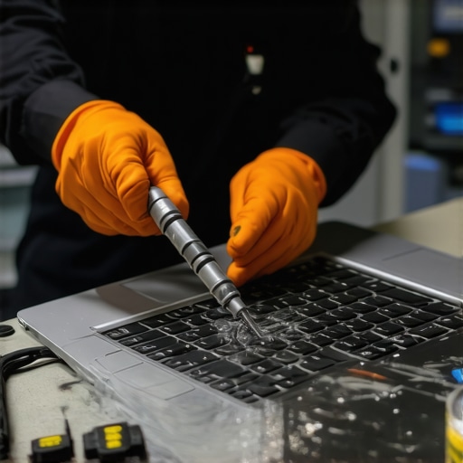 Laptop Maintenance in Action Tech cleaning dust from a laptop's internal fan with a can of compressed air and small screwdriver