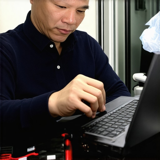 Laptop Maintenance in Action Technician cleaning and diagnosing a laptop with tools.