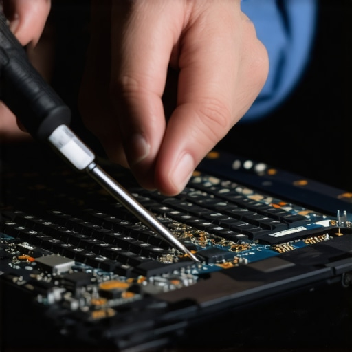 Laptop Maintenance in Action Technician cleaning a laptop's internal components with precision tools and compressed air.