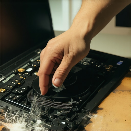 Laptop Maintenance with Compressed Air Person cleaning a laptop's internal fan with compressed air for maintenance